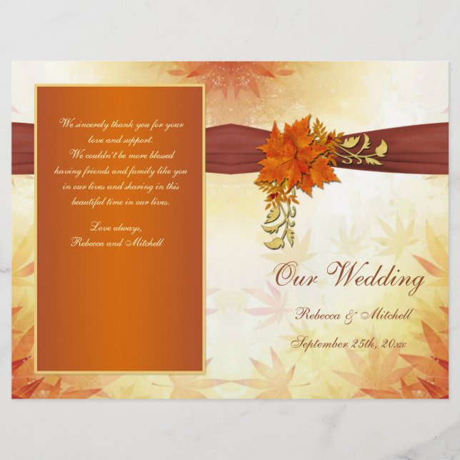 Hojas otoñales rojas y doradas Programa de bodas (Anverso)