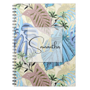 Hojas tropicales azules y violetas. cuaderno