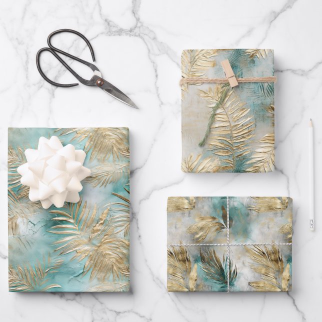 Hojas tropicales blancas de oro Aqua (Anverso)