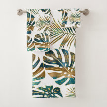 Hojas tropicales con estampado verde azulado y dor