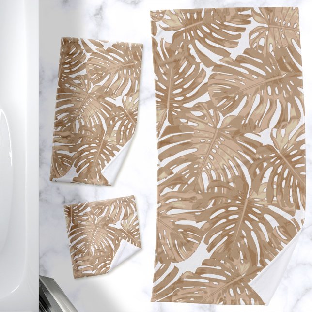 Hojas tropicales de la selva marrón del Boho (Bath towel set with a print of light brown palm leaves on a white background)