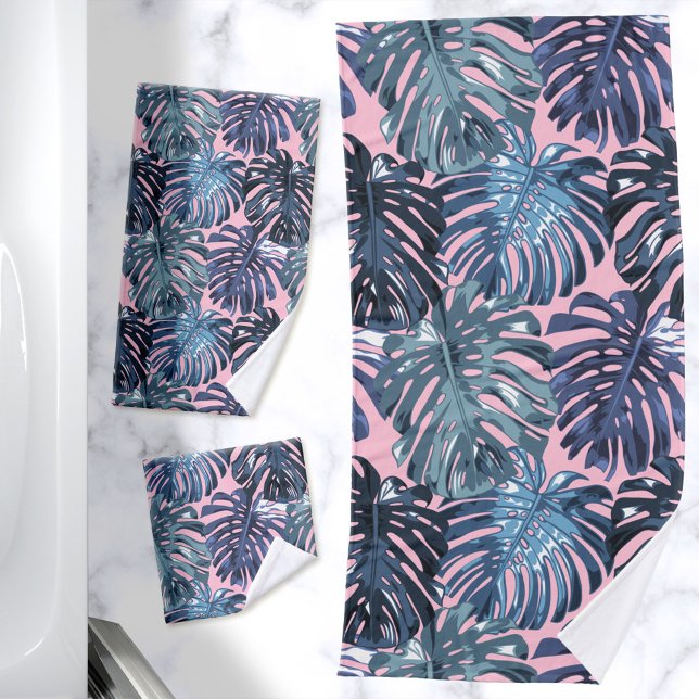 Hojas tropicales de la selva rosa azul (Blue and pink jungle leaves bath towel set)
