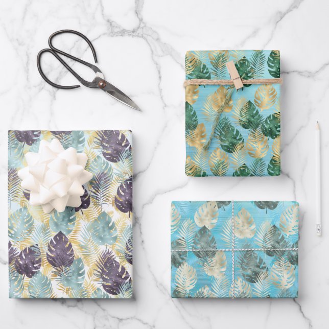 Hojas tropicales de oro verde púrpura (Anverso)