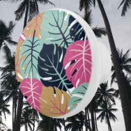 Hojas tropicales de palmera en rosa y azul | Pomo 