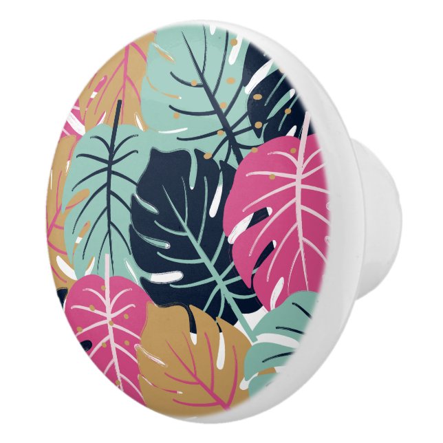 Hojas tropicales de palmera en rosa y azul | Pomo  (Derecha)