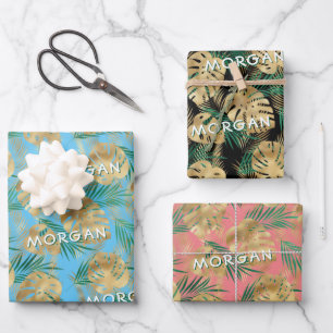 Hojas tropicales doradas/verdes, nombre personaliz