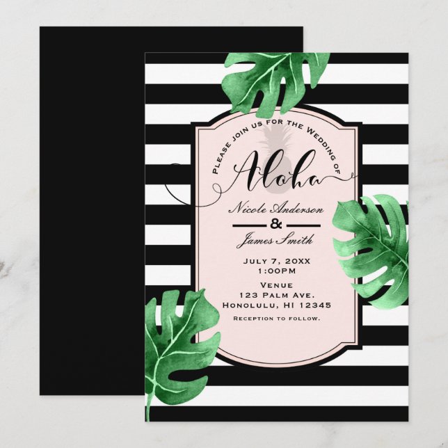 Hojas tropicales e invitaciones a la boda de piña (Anverso / Reverso)