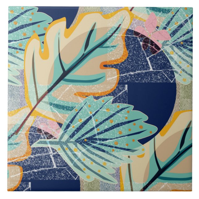 Hojas tropicales en forma de grano. Azulejo de cer (Frente)