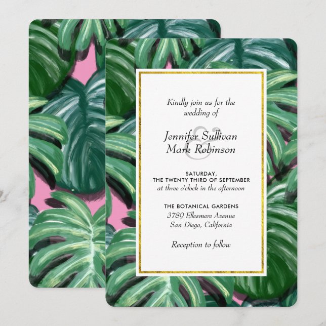 Hojas Tropicales Invitación a la Boda Verde y Exub (Anverso / Reverso)
