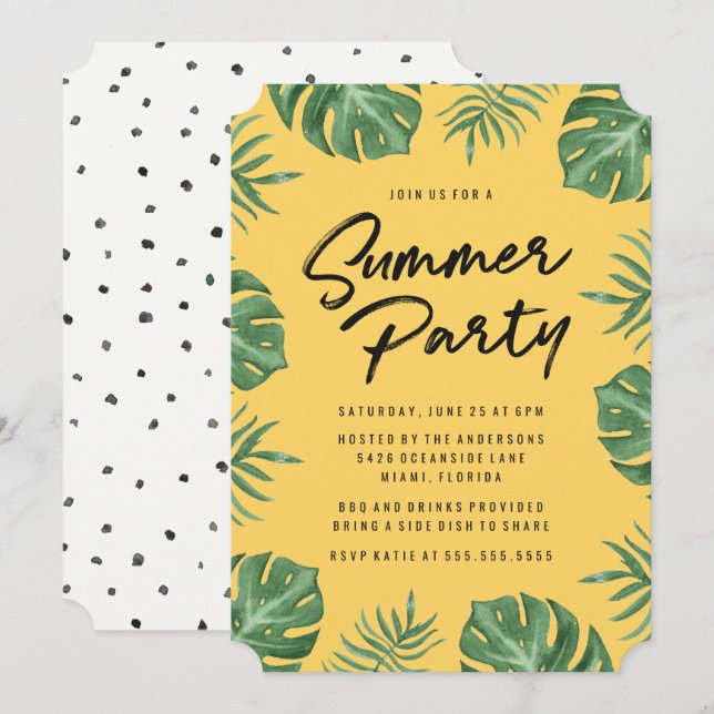 Hojas tropicales | Invitación a la fiesta de veran (Anverso / Reverso)