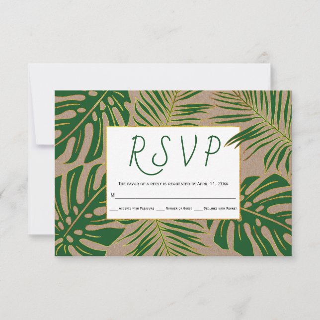 Hojas tropicales kraft papel boda rústica RSVP (Anverso)