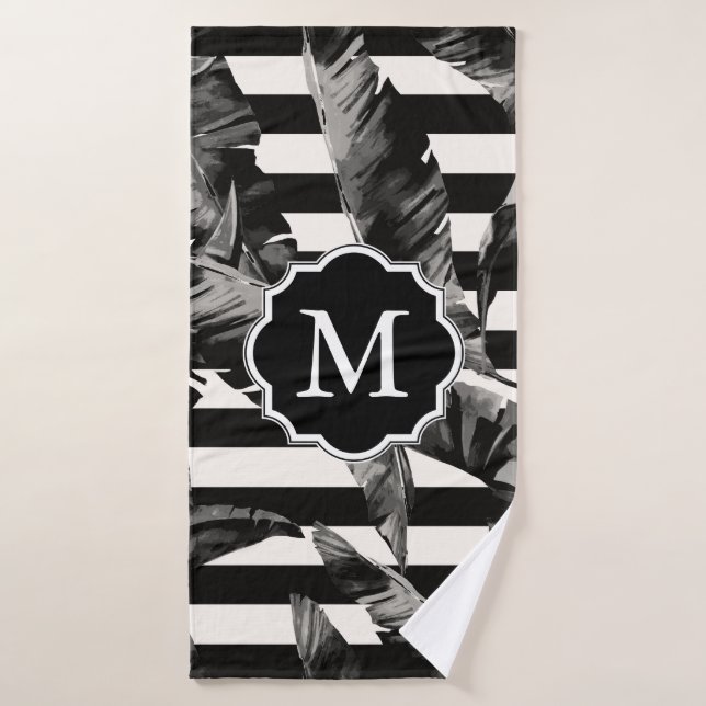Hojas tropicales negras y blancas (Toalla de baño)