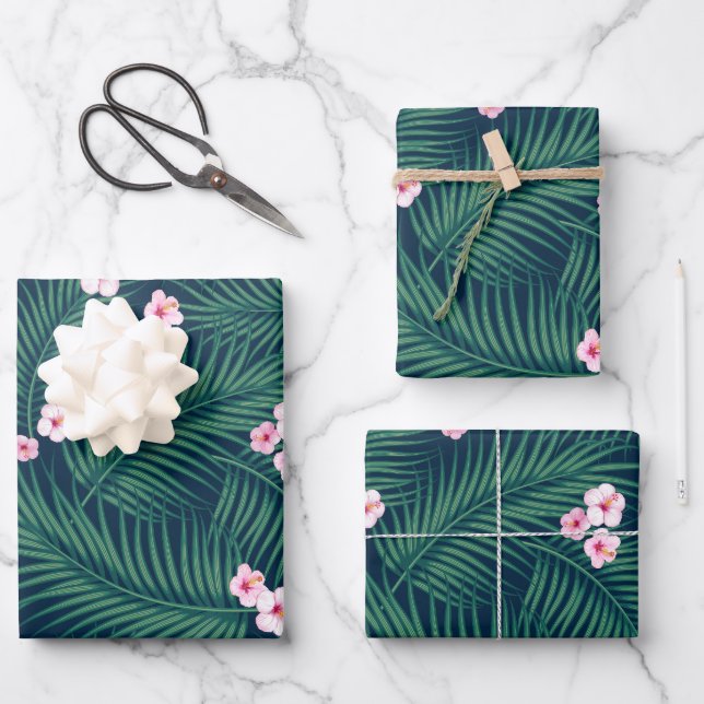 Hojas tropicales verdes con flores de hibiscus (Anverso)