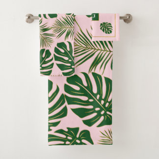 Hojas tropicales verdes, doradas y rosadas monogra