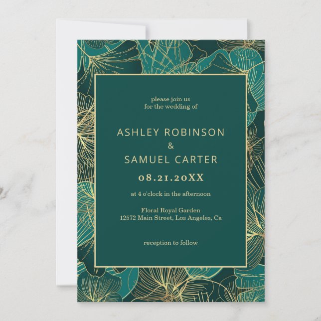 Hojas verdes azules con invitación a la boda de or (Anverso)