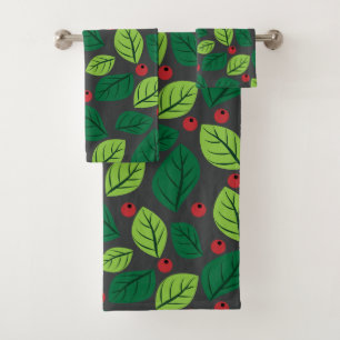 Hojas verdes, bayas rojas, patrón de hojas