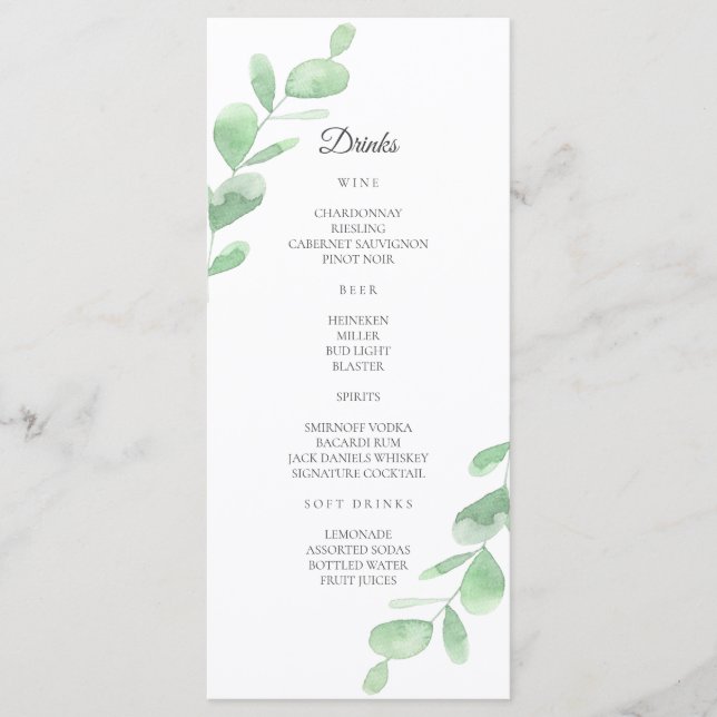 Hojas verdes de eucalipto. Menú de barra de boda s (Anverso)