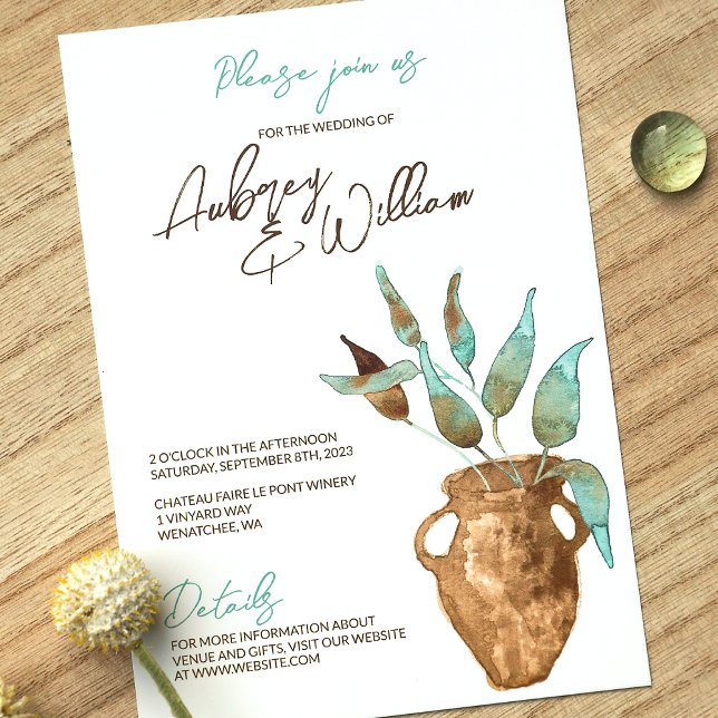 Hojas verdes rusticas, invitaciones a bodas de cac (Clay Terracotta Pot, Eucalyptus Green Leaves Simple Botanical Wedding Invitation, Painted Watercolor)
