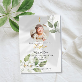 Hojas verdes simples con invitación al bautismo fo