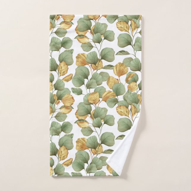 Hojas verdes y doradas.  Estampado (Toalla de mano)