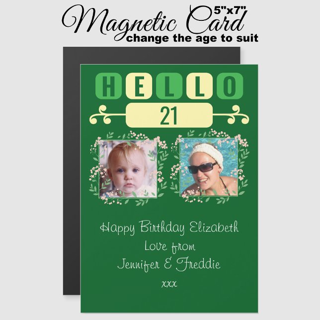 Hola 21 cumpleaños 2 foto tarjeta magnética verde (Subido por el creador)