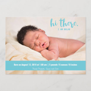 Hola allí invitación azul del nacimiento del bebé