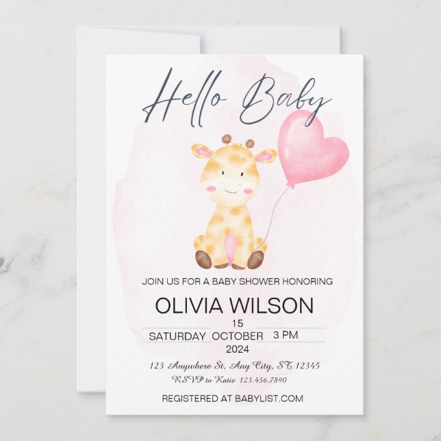 Hola bebé Giraffe Invitación a Baby Shower (Anverso)