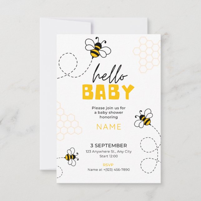 hola bebé, invitación de baby shower abeja linda (Anverso)