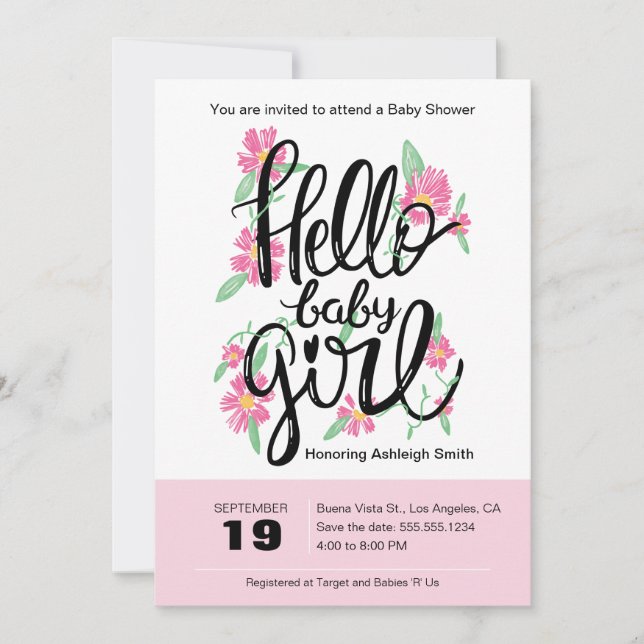 Hola bebé Invitación de Baby Shower floral moderna (Anverso)