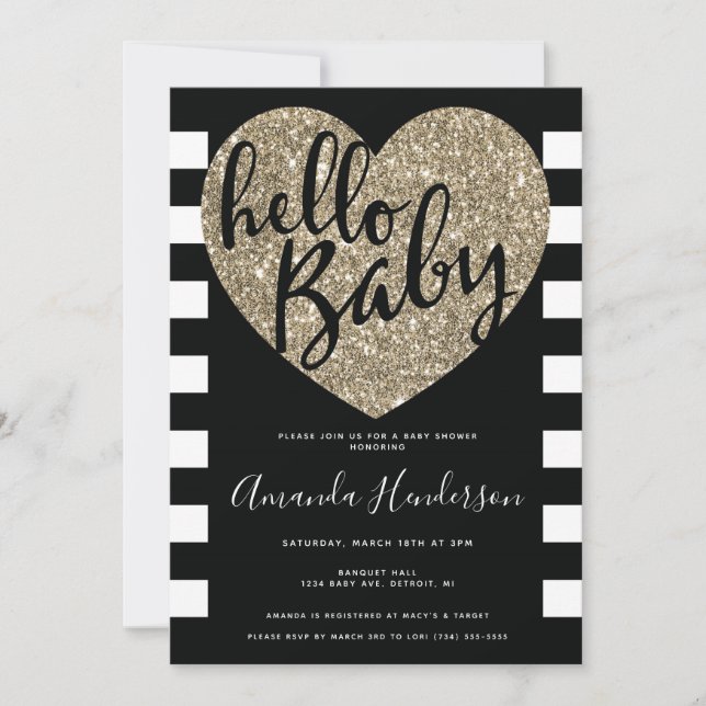 Hola, bebé, negro y oro Invitación a Baby Shower (Anverso)