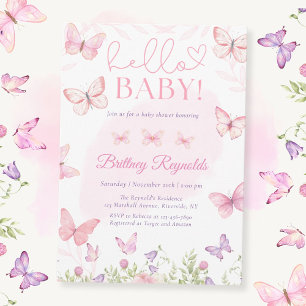 Hola bebé Pink Butterfly Invitación a Baby Shower