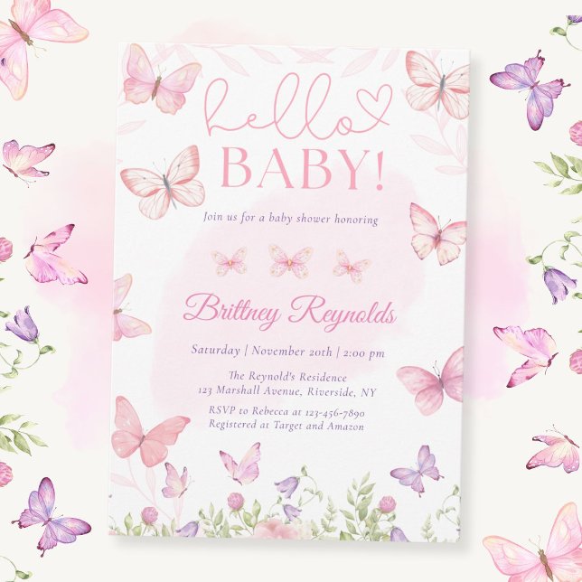 Hola bebé Pink Butterfly Invitación a Baby Shower (Subido por el creador)