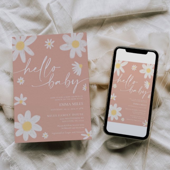 Hola bebé Rosa Daisy Invitación Baby Shower (Subido por el creador)