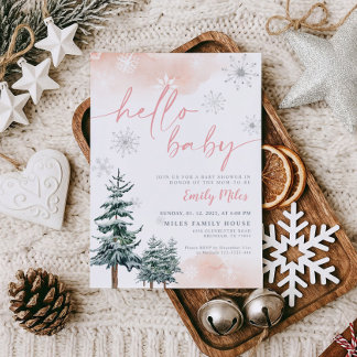 Hola Bebé Rosa Invitación de Invierno Mágico para