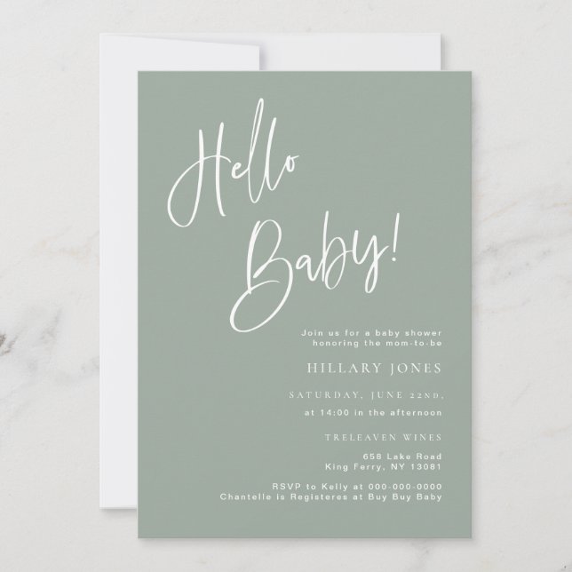 Hola Bebé Sage Blue/Green Baby Shower Invitación (Anverso)