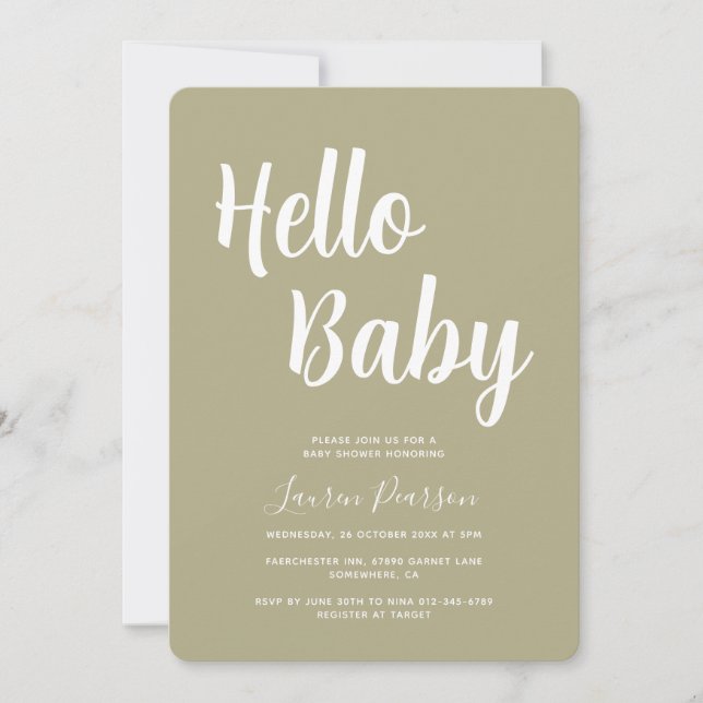 Hola bebé Sage Green Invitación a Baby Shower (Anverso)