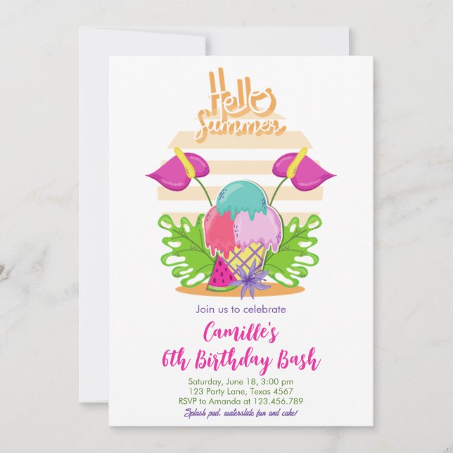 Hola Chica de verano Invitación de cumpleaños (Anverso)