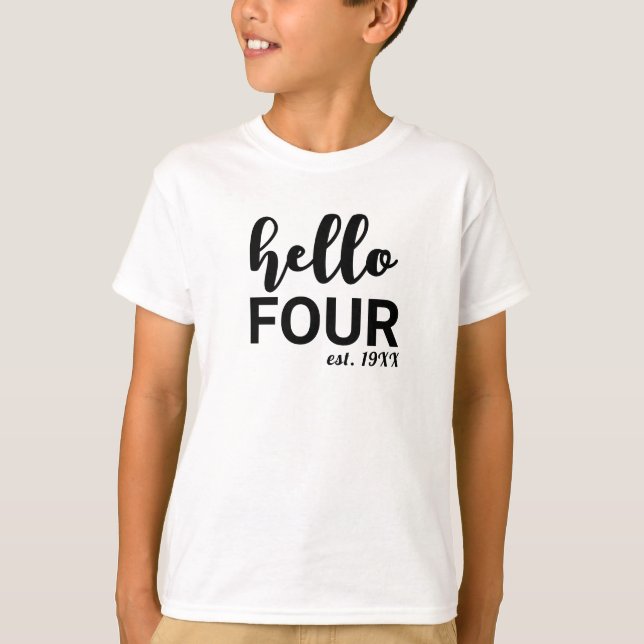 Hola cuatro camisetas de cumpleaños personalizadas (Anverso)