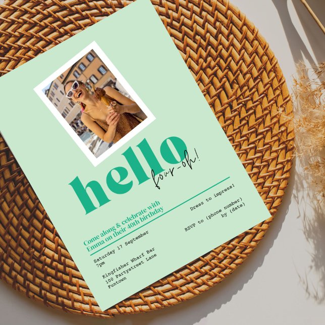 "¡Hola, cuatro-oh!" 40 cumpleaños Invitación verde (Subido por el creador)