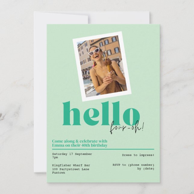 "¡Hola, cuatro-oh!" 40 cumpleaños Invitación verde (Anverso)