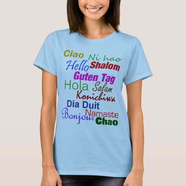 Hola en camiseta de muchas idiomas (Anverso)