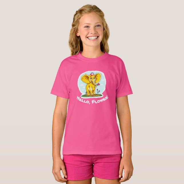 "¡Hola, Flor! - Camiseta Cute de elefante amarillo (Anverso completo)