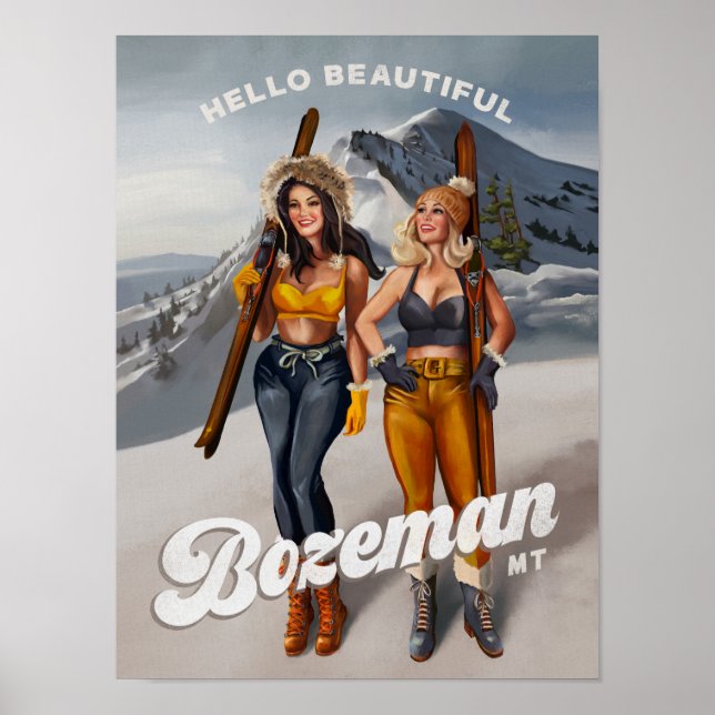 "Hola Hermoso Bozeman" Arte Retro Pinup de Esquí (Frente)