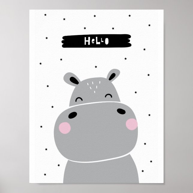 Hola Hippo | Póster de guardería escandinavo (Frente)