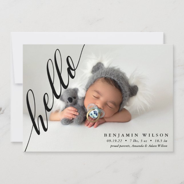 Hola, moderno anuncio de nacimiento de bebé con fo (Anverso)