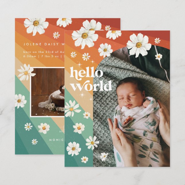 Hola Mundo | Anuncio de nacimiento Retro Boho (Anverso / Reverso)