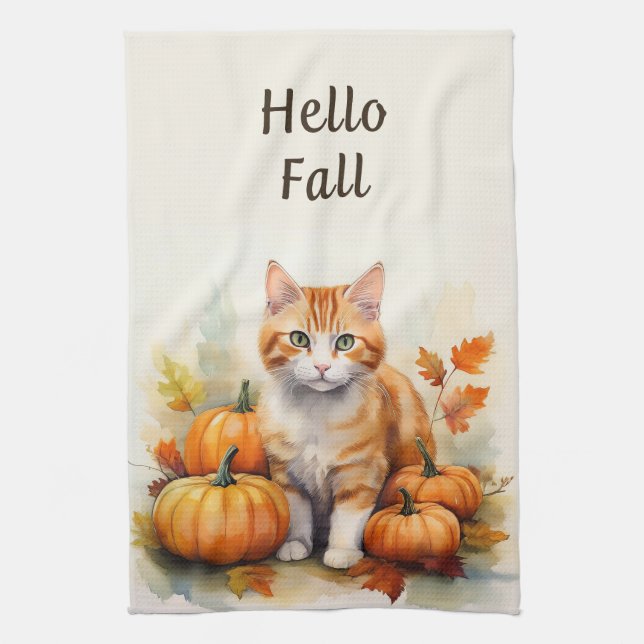 Hola Naranja otoño Tabby Kitchel Toalla (Vertical)