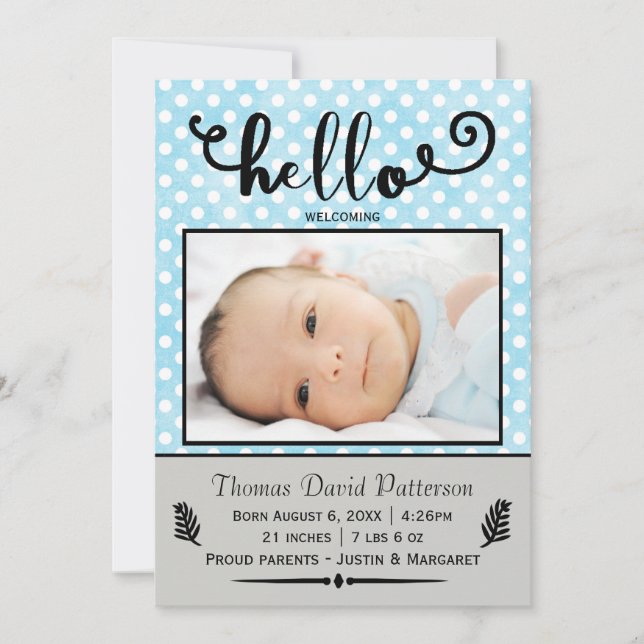 hola puntos azules/foto gris - Anuncio de nacimien (Anverso)