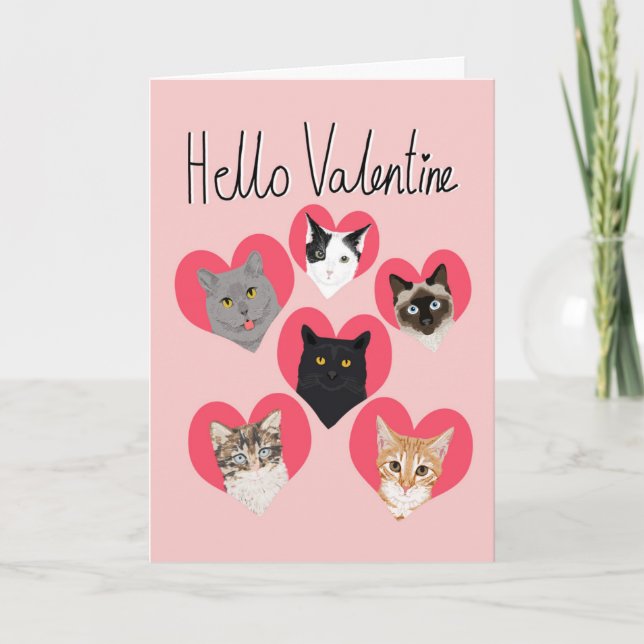 Hola tarjeta de corazón de gatos de San Valentín - (Anverso)
