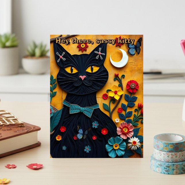 Hola, tarjeta postal de arte folclórico de gato ne (Send this postcard to your sassy friend. Unique design for stationery enthusiasts and cat lovers)